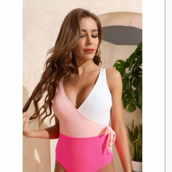 SweatyRocks One Piece V Neck Tie Front Pink & White Color Block Bathing Suit L - Picture 2 of 9